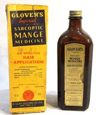 Vintage 1940 Glovers Imperial Sarcoptic Mange Medicine Bottle & Box