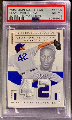 2015 Panini Nat. Treas. Clayton Kershaw # 42-CK Trib , Mat . Prime 03/10 PSA 8