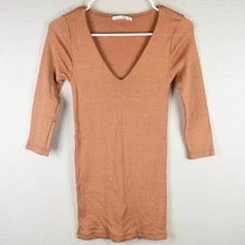 Michael Stars Womens OS Cari Shine Vneck 3/4 Sleeve Tee Top Mustard Gold Orange