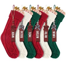 6 Pack 18 Inch Cable Knit Christmas Stockings Red White Green with Name Tags