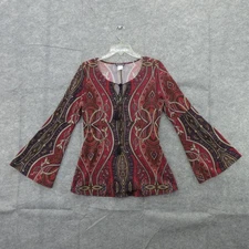 Venus Blouse Womens Medium Red Purple Paisley Bell Sleeve Boho Stretch Tunic Top