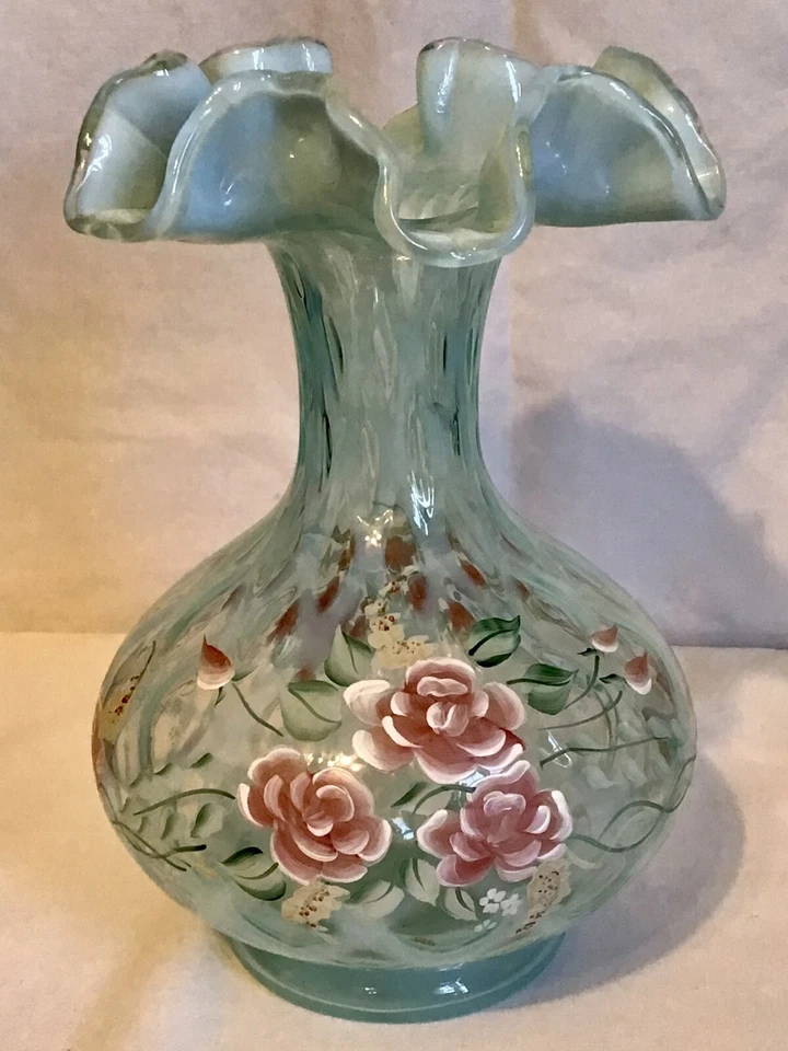 Fenton art glass hand painted blush rose on opaline "Limited Edition" #31 - Image 2 of 4