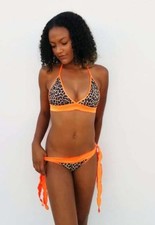 Leopard Print Ruffle Scrunch Bikini Swimsuit Orange Trim/Beach/Made in usa/o s
