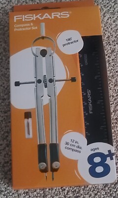 Fiskars Metal Protractor & Compass Set, Gray, 12 inch with Lead Refills, NEW