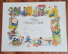 VINTAGE BABIES BIRTH RECORD, "FAIRY TALES", 1975 By Averst Labs, 11"×14"