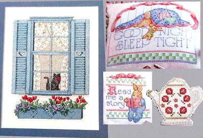 Purrfect Welcome Cat Read Story Night Sleep Tight Teapot CROSS STITCH PATTERNS