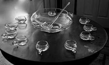 Vintage 14 PC Hand Blown Crystal Moderno Riekes Crisa Punch Bowl Set Ladle & Box