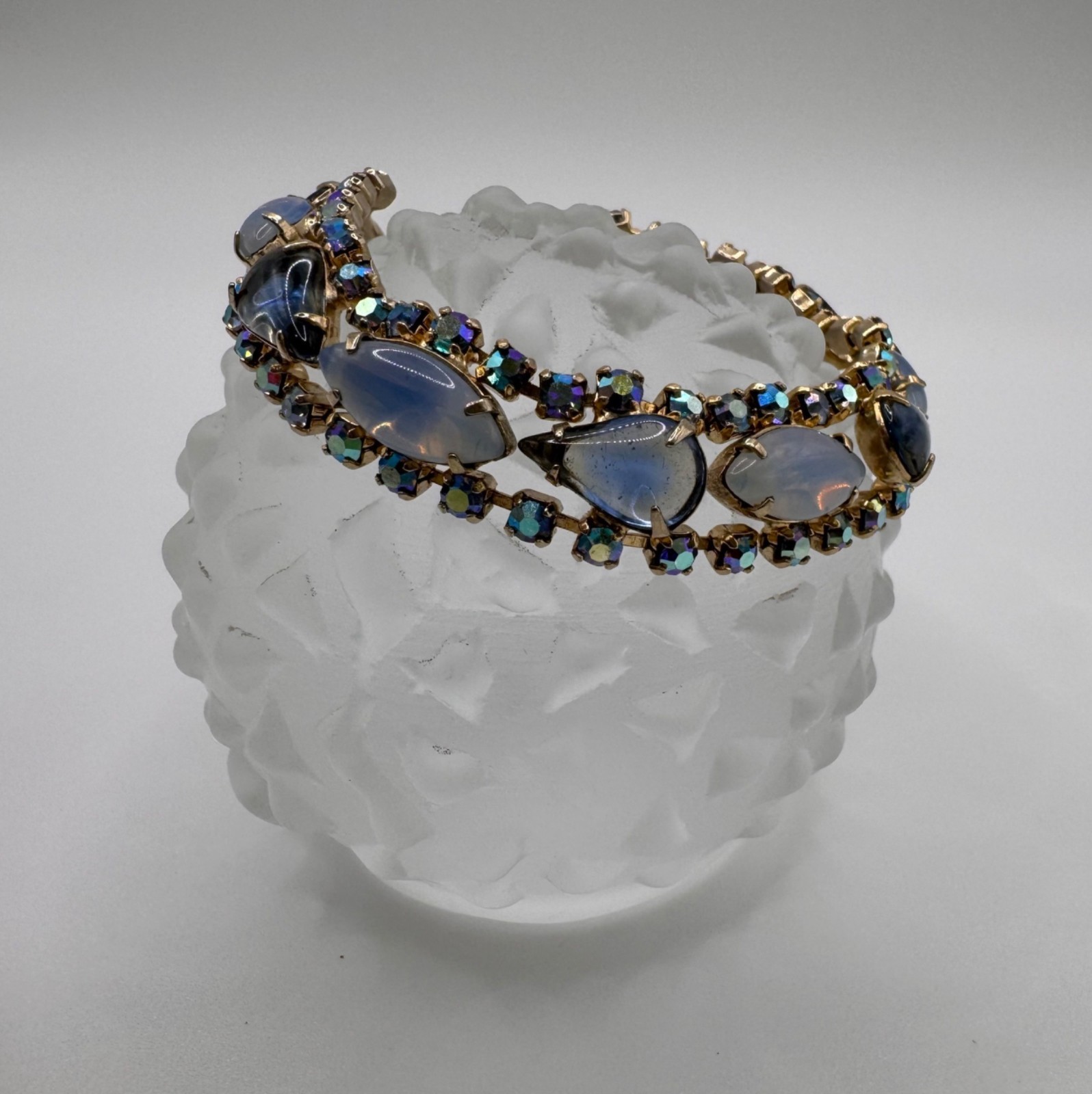 Vintage AB Rhinestone Bracelet Blue Opaline Glass Cabochon Gold Tone Size 7