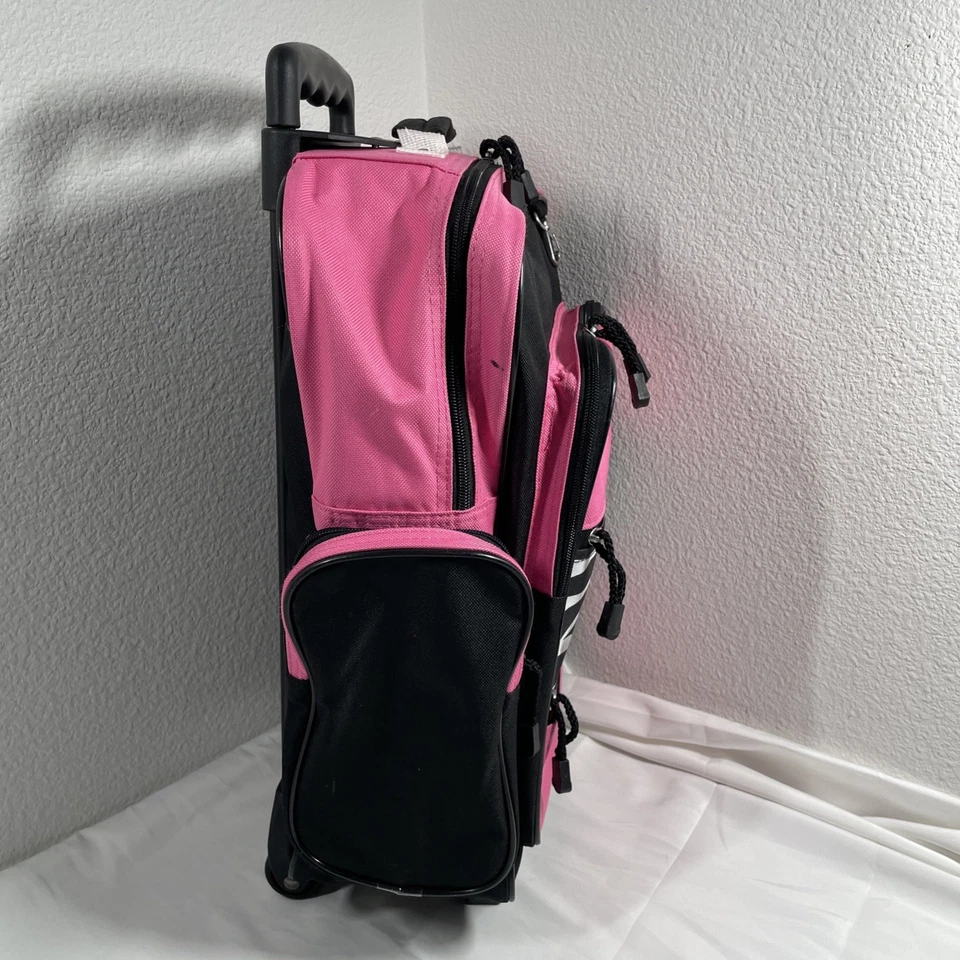 Mochila con ruedas de doble asa para llevar, 6 bolsillos, 17" negro rosa estampado de cebra. Foto 4 de 4