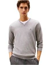 Tommy Hilfiger Men  s Solid Logo V-neck Sweater Gray Size L New