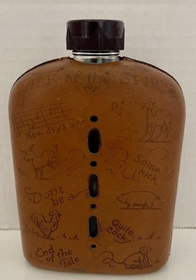 Vtg Boozy Smokes Leather Wrapped Glass Flask Barometer Drunk Poem MCM