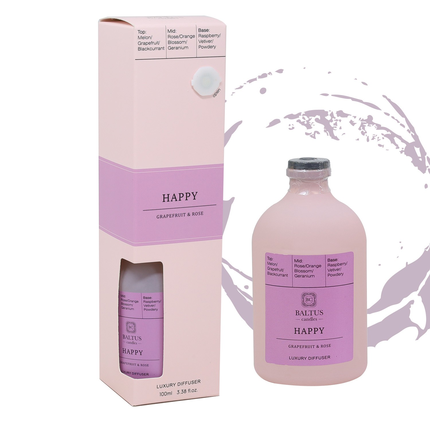 Baltus Reed Diffuser 100ml Apothecary Bottle Fragrance HAPPY Grapefruit & Rose