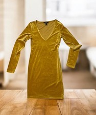 FOREVER 21 Dress Small Stretch Velour Mustard  Bodycon Long Sleeve V-Neck