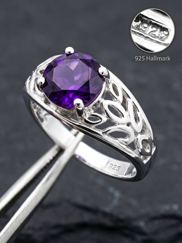 925 Sterling Silver Purple Round Amethyst Prong Set Filigree Cocktail Ring 7