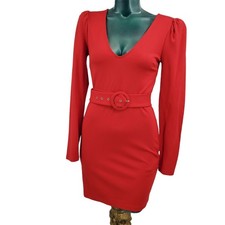 Forever 21 Red Belted Bodycon Short Mini Dress Long Puff Sleeve V Neck M 1684