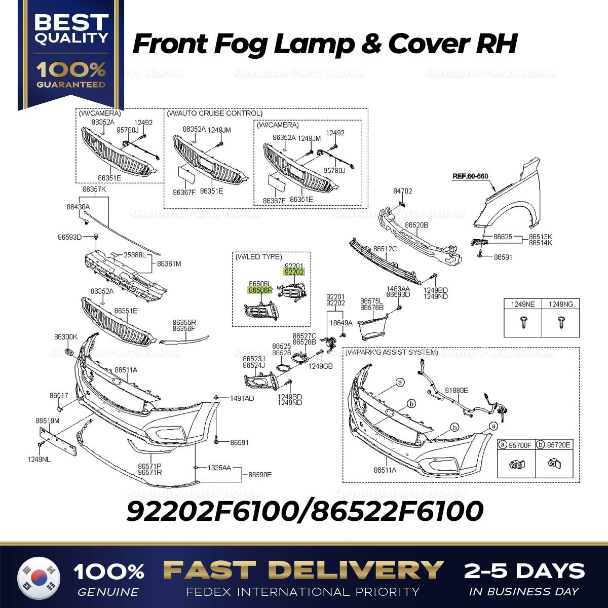 ⭐Genuine⭐ Front Fog Lamp & Cover RH 92202F6100 86522F6100 for