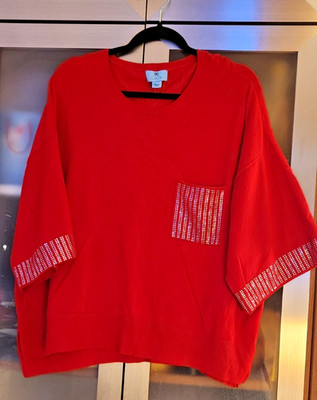  CeCe Women plus size 1X Red pullover 3/4 sleeve with rhinestones for Holidays