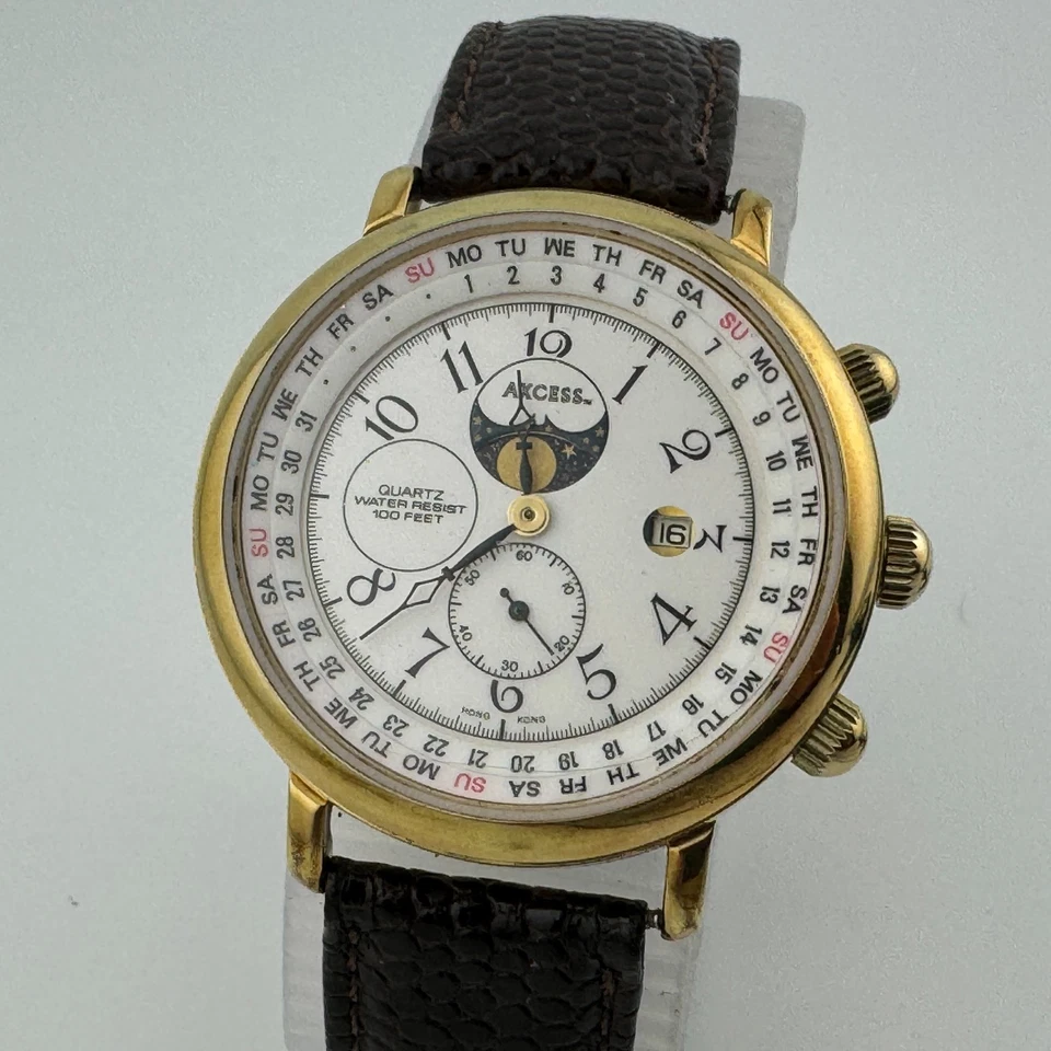 Reloj Cuarzo Vintage Axcess Hombre Tono Dorado Triple Corona Cuero ~Para Reparación Piezas Foto 2 de 4