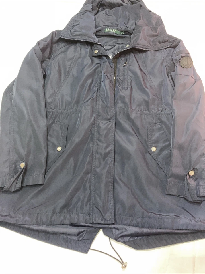 Lauren Ralph Lauren 连帽夹克女式 L 海军蓝风衣雨衣轻便 — 第 2/4 张图片