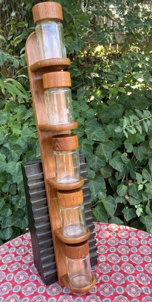 Digsmed Danish MCM Teak Vertical Stacking Spice Rack 5 Jar w wood tops 1960s VTG - Image 2 of 4