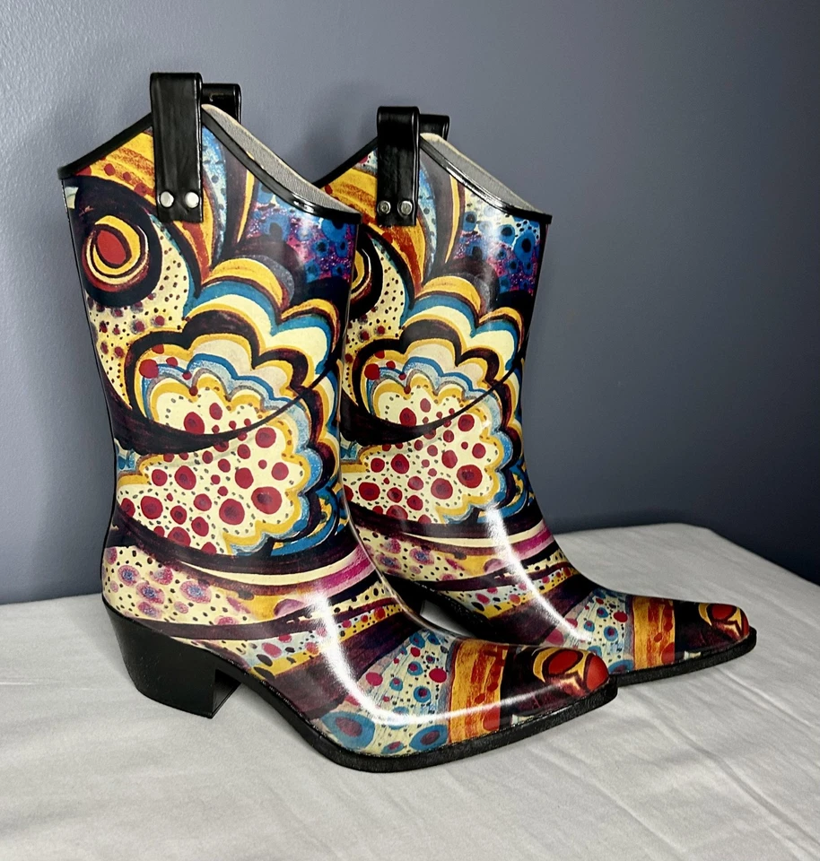 Botas Nomad Para Mujer Talla 9 Yippy Vaquero Occidental Lluvia Goma Pull On Arte Para Usar Foto 4 de 4