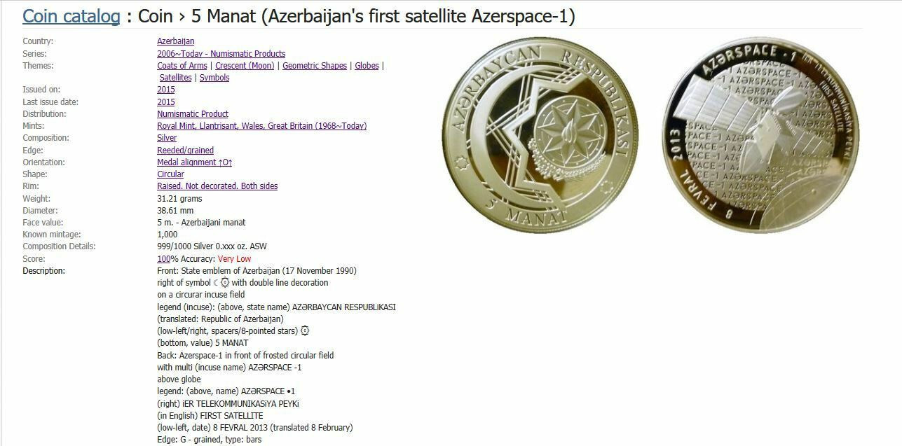 Shusha Coin AZERSPACE 5 MANAT AZERBAIJAN 2015 SILVER COIN PROOF First Satellite ...