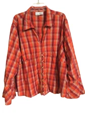 CAROLINA COLOURS Womans Plaid Top PLUS Size 28 Orange/Multi Cotton Bell Sleeves