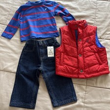 Nautica Boy  s Red/ Blue 3piece Set With Vest, NWT Jeans Size 12months