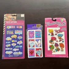 Lot Of 3 Vintage Sticker Sheets Trolls Puffy Hearts Small Talk Flat