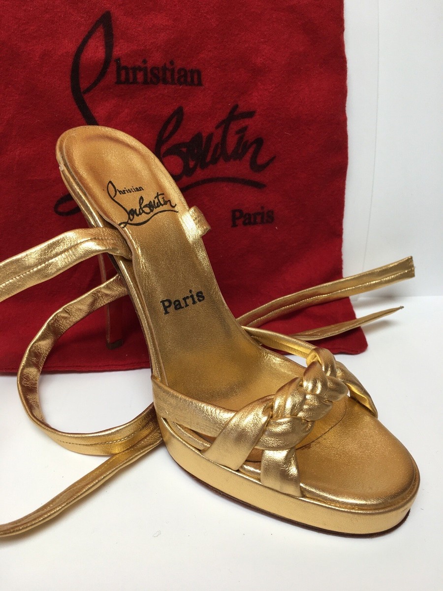 Christian Louboutin Gold Leather Stiletto Sandals Wrap Lace Christian Louboutin Gold Leather Stiletto Sandals Wrap Lace