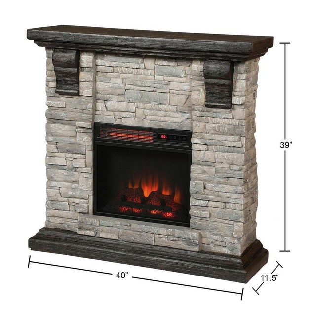 Faux Stone Infrared Quartz Electric Fireplace Brushed Dark Pine Top