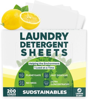 Eco-Friendly Laundry Detergent Sheets, 100ct (200 Loads), Plant-Based (Lemon)