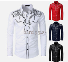 Mens Western Cowboy Shirt Long Sleeve Retro Embroidery Casual Buttons Down Shirt