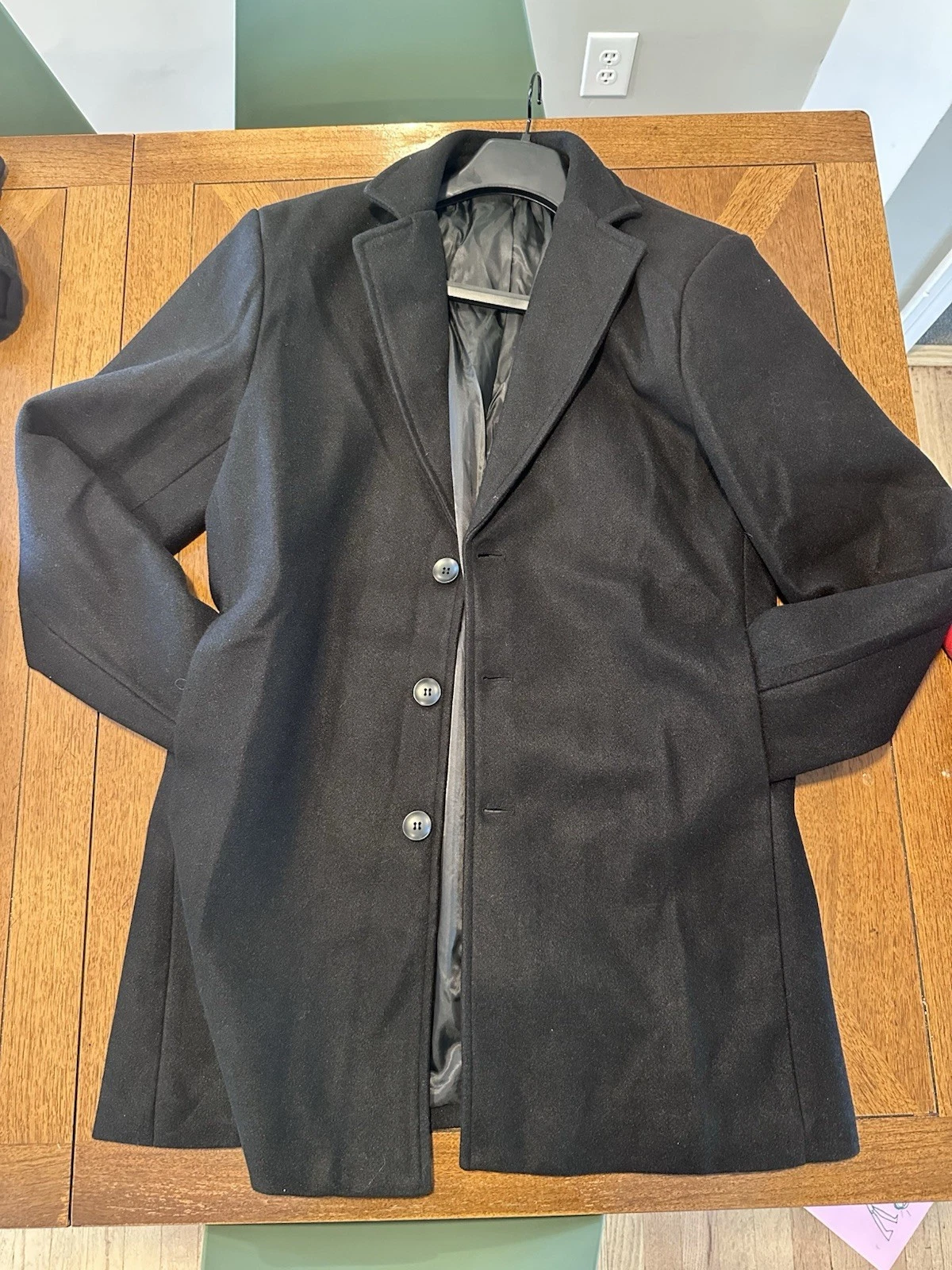 Fashion Men's Black Wool Lined Button-Front Overcoat Size L Notch Collar image 2