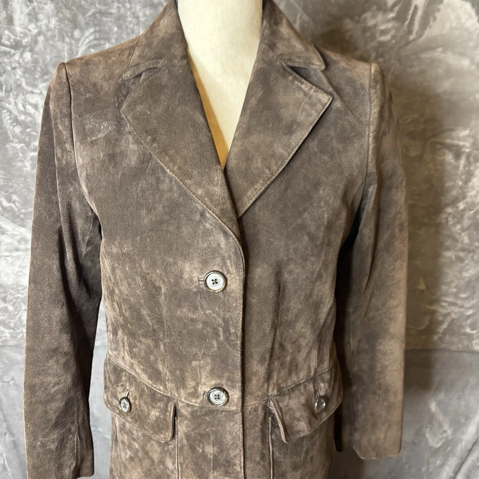 Abrigo de coche Style & Co pequeño marrón pequeño 100 % cuero gamuza totalmente forrado con botones Foto 3 de 4