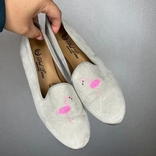 Del Toro Women's Size 7 Gray Suede Flamingo Embroidered Loafers Flats Shoes