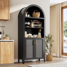 5-Tier Arched Kitchen Pantry Storage Cabinet w/ Rattan Doors, Open Display Shelf