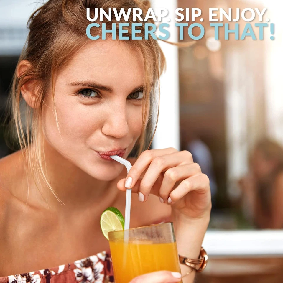 Flexible Plastic Bent Straws, Individually Wrapped [Pack of 400] - 7.75” White D - Image 4 of 4