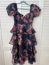 Lulus NWT Navy Floral Tiered Ruffle Puff Sleeve Dress Size M