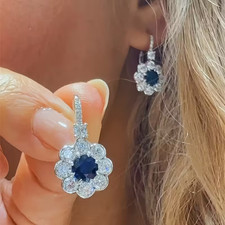 3.20Ct Round Lab Created Blue Sapphire Leverback Dangle Earrings 14K Gold Plated