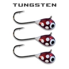 3 Pack - Tungsten Ice Fishing Jigs - MAROON RED GLOW SPOT (6 Size Variations)