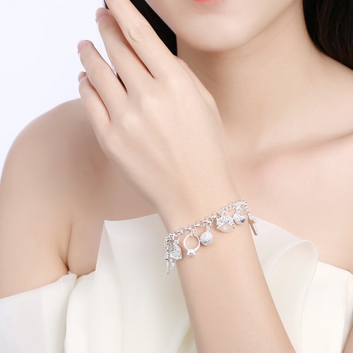 Sterling Silver Filled Heart Charm Bracelet - 20cm Love Bangle For Women, Gift Ready