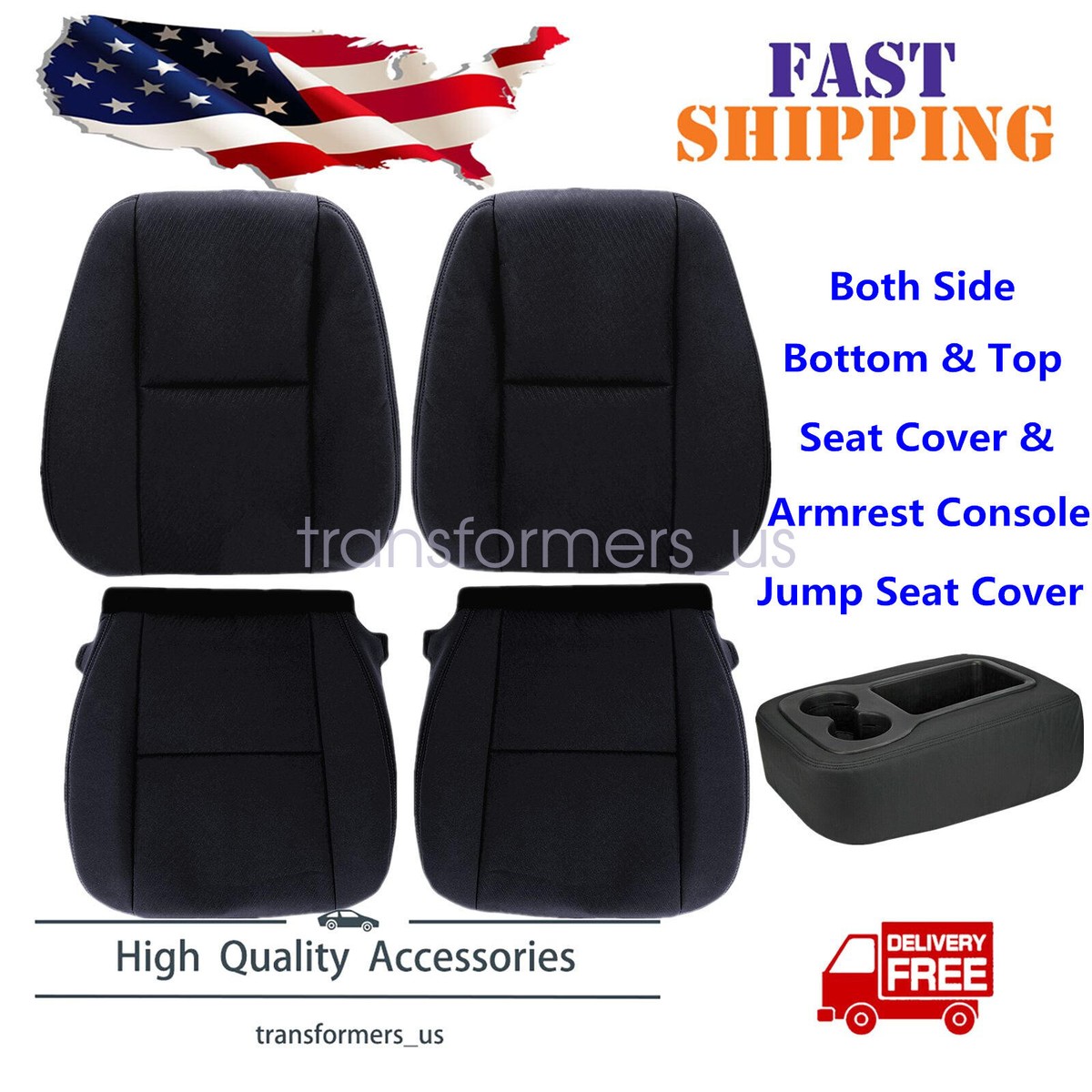 Front Bottom Seat & Console Armrest Cover Set For 07-14 Chevy Silverado, Tahoe, Suburban, Sierra (Black)