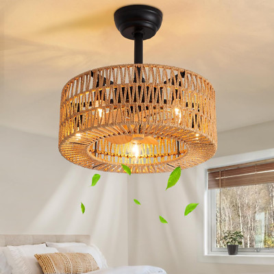 Boho Rattan Ceiling Fan with Light, 18'' Low Profile Fandelier for Home