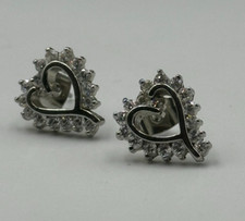Heart Stud Earrings Silver Tone CZ Bling Rhinestone Pierced Dainty Everyday