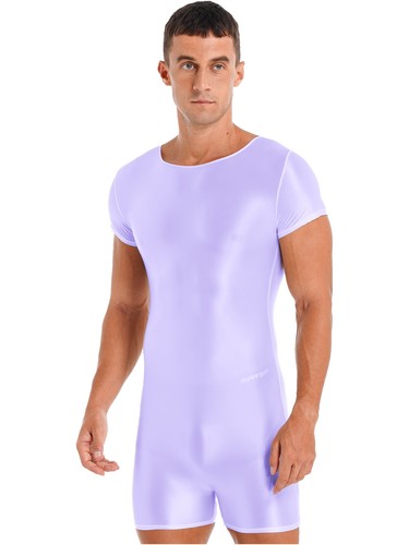 Mens Glossy Bodysuit Short Sleeve Boxer Jumpsuit Gym Sport Leotard Dance Unitard - Picture 56 of 114