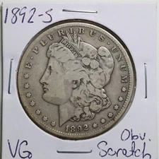 1892 $1 Morgan Silver Dollar with VG Detail Obverse Scratched #4369