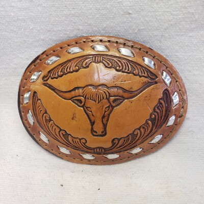  Vintage Handmade Texas Longhorn Bull/ Steer Genuine Leather Western Belt Buckle