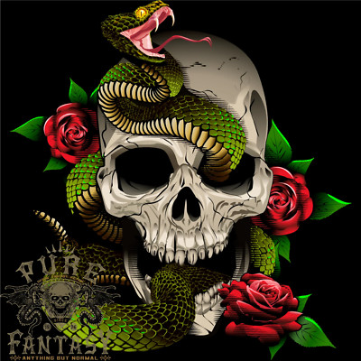 Herren-T-Shirt Schlange Schädel mit Rosen Tattoo-Stil 100 % Baumwolle