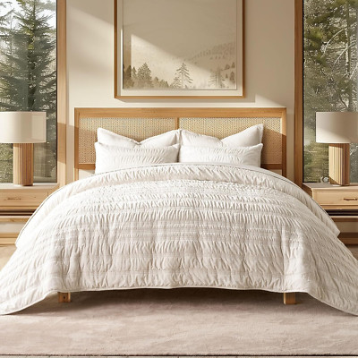 Ivory White Velvet Quilt King Size Set with 2 Shams - Ultra Soft & Lightweight